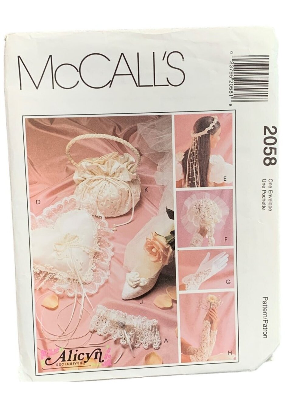 McCalls 2058 Bridal Accessories Pattern: Veil Pillow Garter Purse Lace Uncut